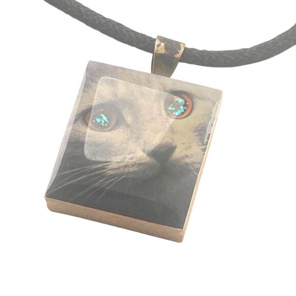 Cat-Themed Wooden A1 Pendant Necklace With Black Cord 16" Whimsical Jewelry - Picture 1 of 6